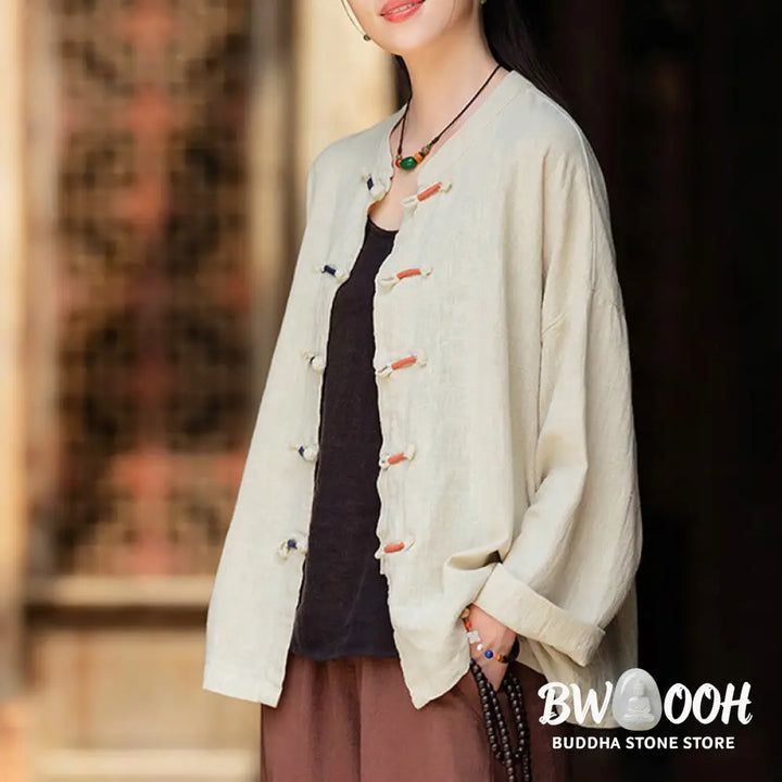 Buddha Stones Solid Color Two-color Frog-button Long Sleeve Ramie Linen Women’s Shirt - Women’s Shirts