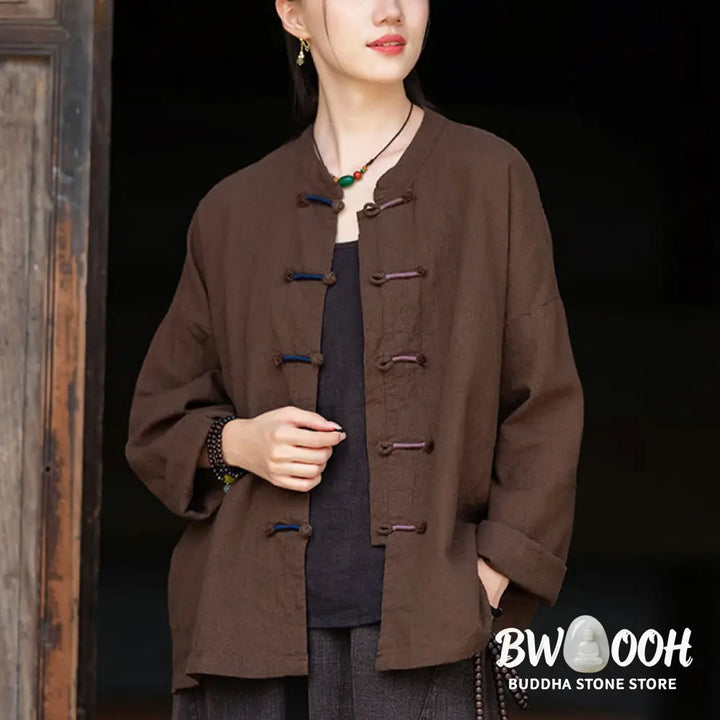 Buddha Stones Solid Color Two-color Frog-button Long Sleeve Ramie Linen Women’s Shirt - Women’s Shirts