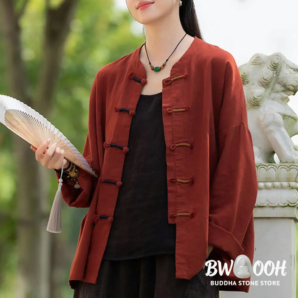 Buddha Stones Solid Color Two-color Frog-button Long Sleeve Ramie Linen Women’s Shirt - Women’s Shirts