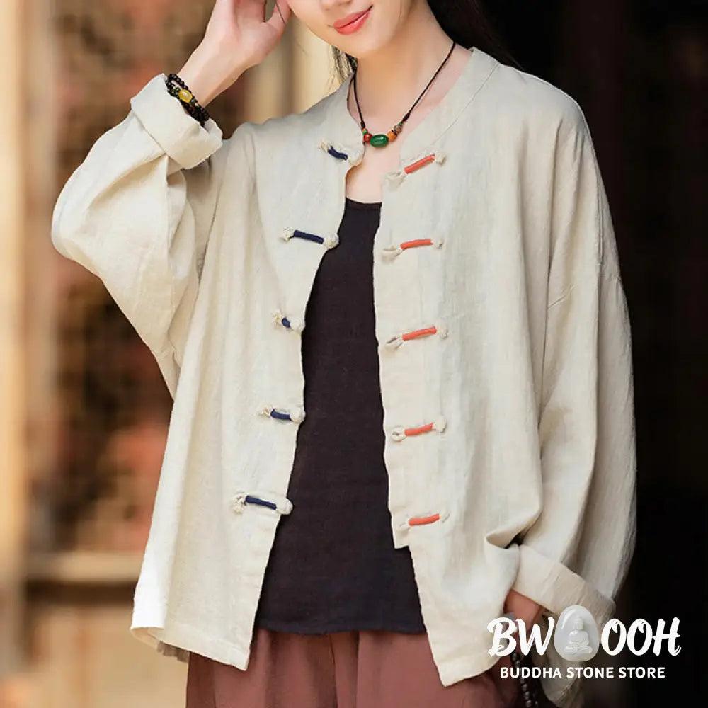 Buddha Stones Solid Color Two-color Frog-button Long Sleeve Ramie Linen Women’s Shirt - Women’s Shirts