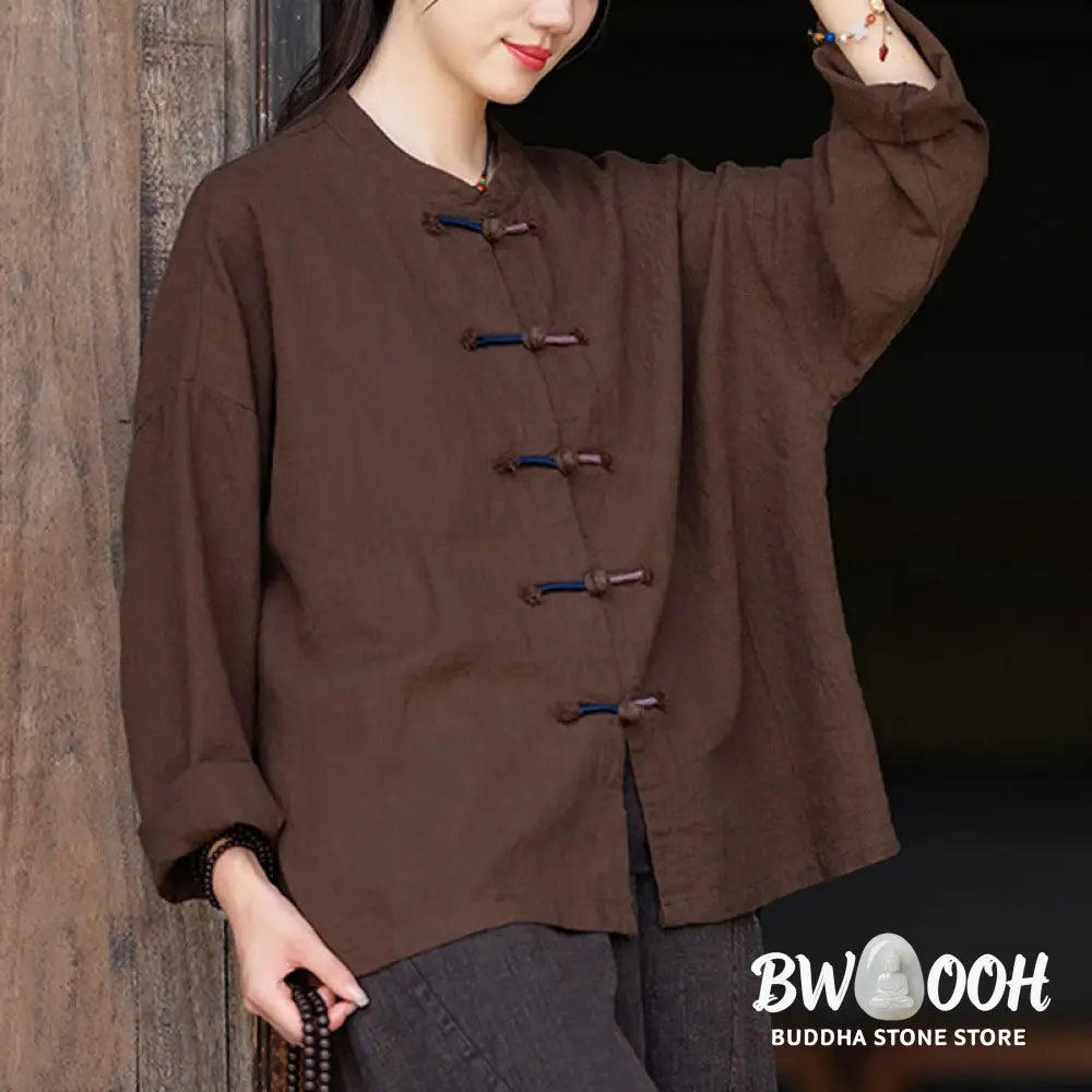 Buddha Stones Solid Color Two-color Frog-button Long Sleeve Ramie Linen Women’s Shirt - Women’s Shirts
