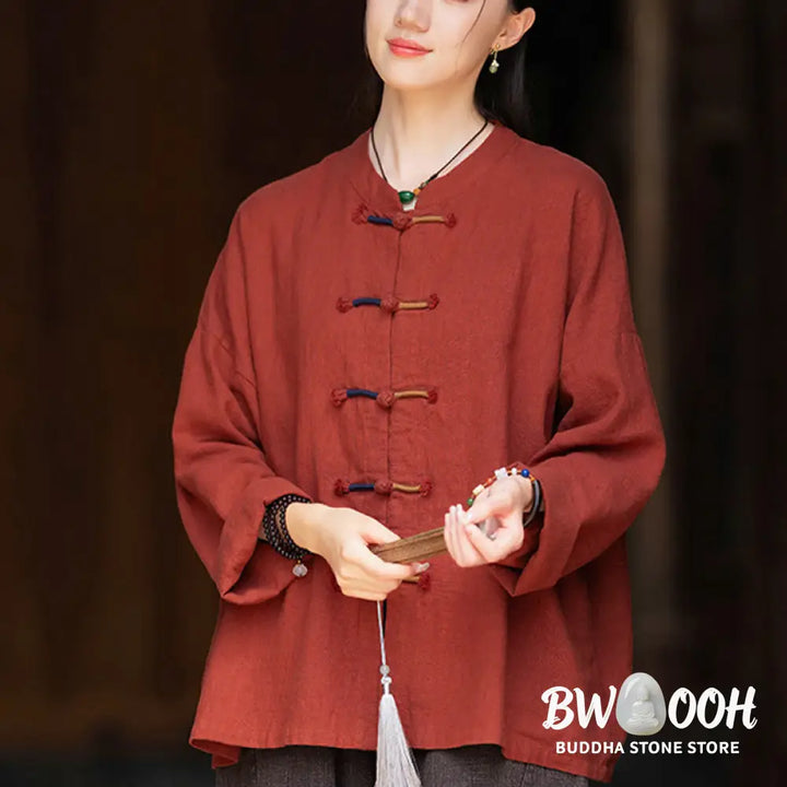 Buddha Stones Solid Color Two-color Frog-button Long Sleeve Ramie Linen Women’s Shirt - Women’s Shirts