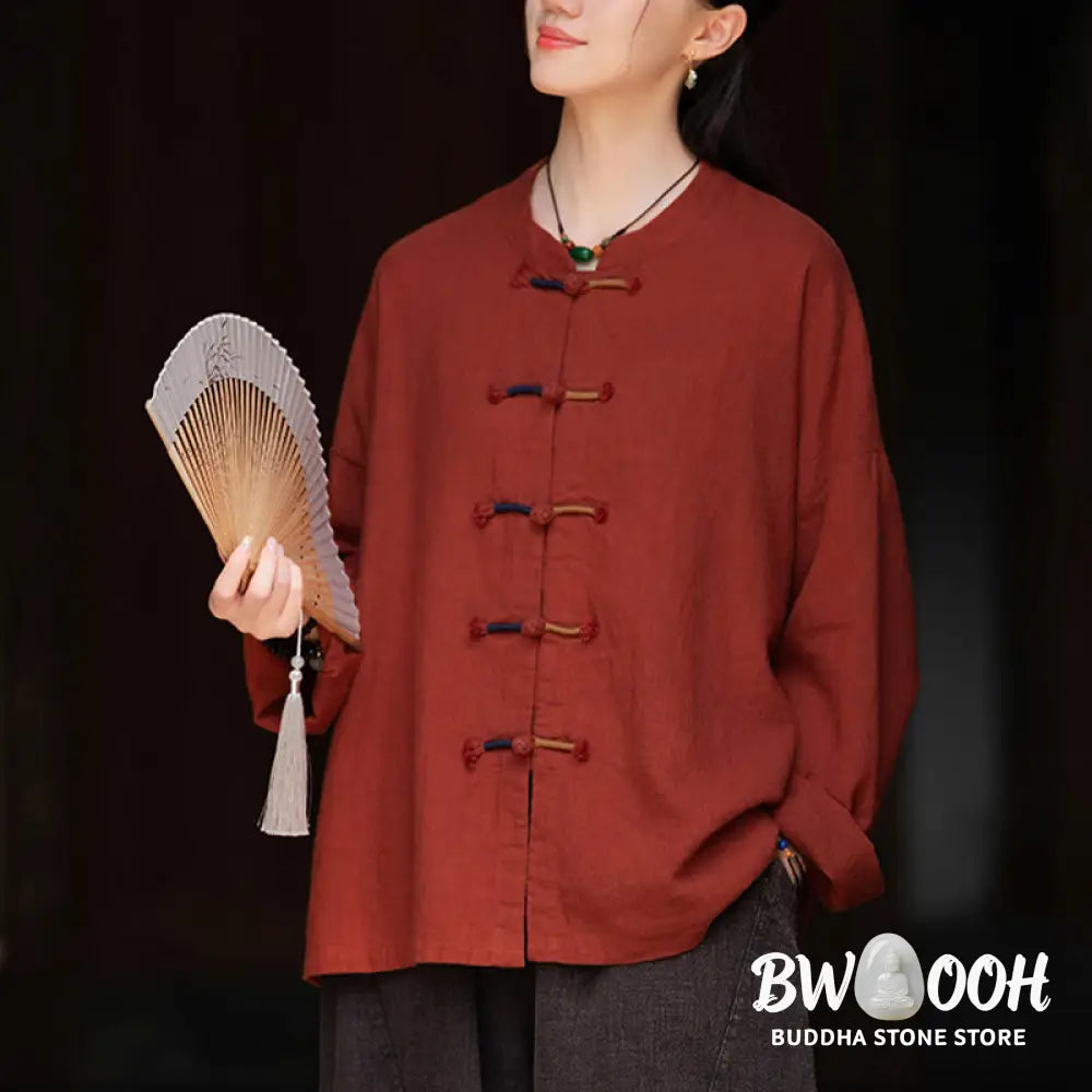 Buddha Stones Solid Color Two-color Frog-button Long Sleeve Ramie Linen Women’s Shirt - Women’s Shirts