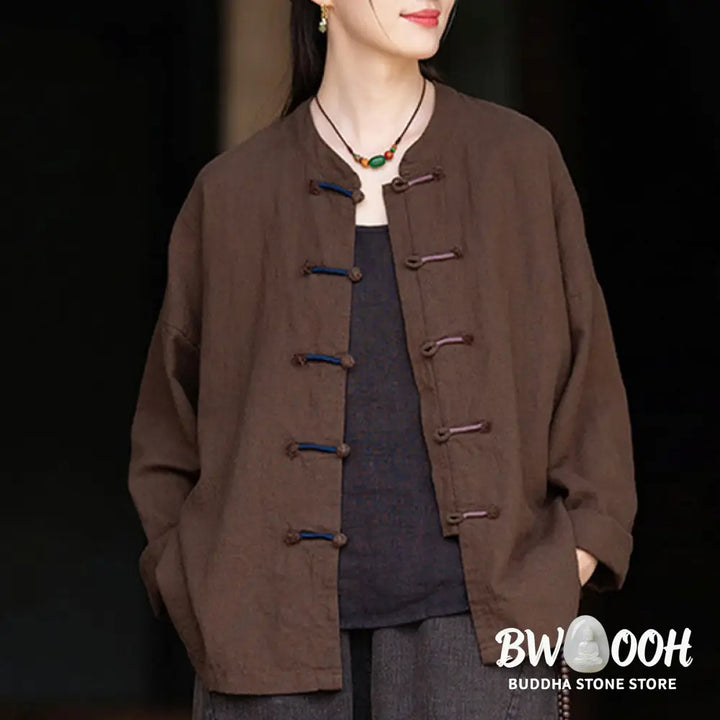 Buddha Stones Solid Color Two-color Frog-button Long Sleeve Ramie Linen Women’s Shirt - Women’s Shirts