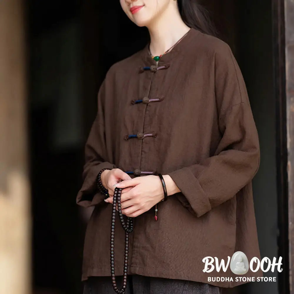 Buddha Stones Solid Color Two-color Frog-button Long Sleeve Ramie Linen Women’s Shirt - Women’s Shirts