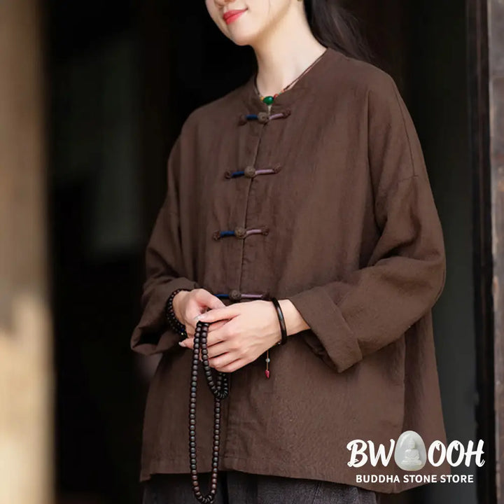 Buddha Stones Solid Color Two-color Frog-button Long Sleeve Ramie Linen Women’s Shirt - Women’s Shirts