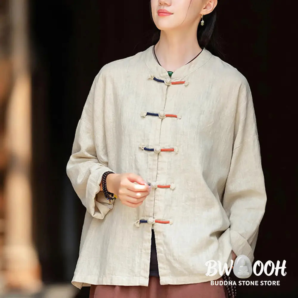 Buddha Stones Solid Color Two-color Frog-button Long Sleeve Ramie Linen Women’s Shirt - Women’s Shirts