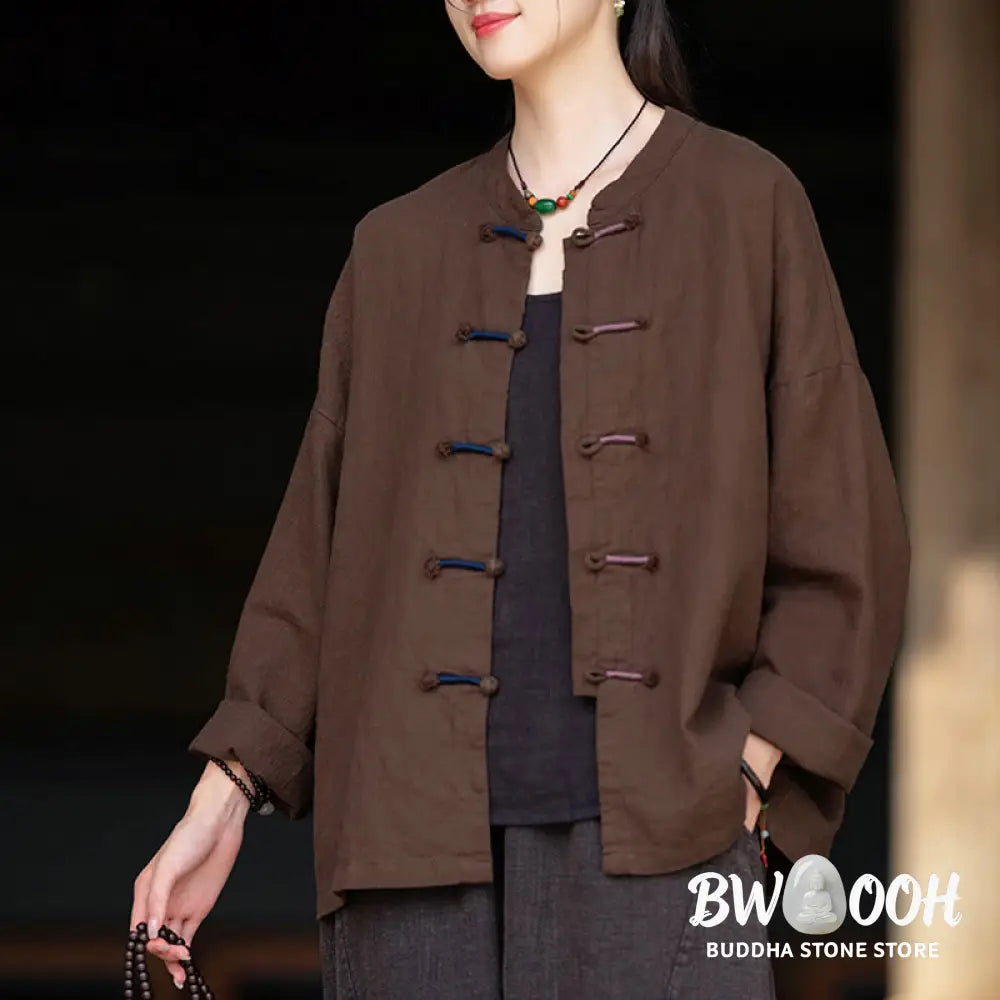Buddha Stones Solid Color Two-color Frog-button Long Sleeve Ramie Linen Women’s Shirt - Women’s Shirts