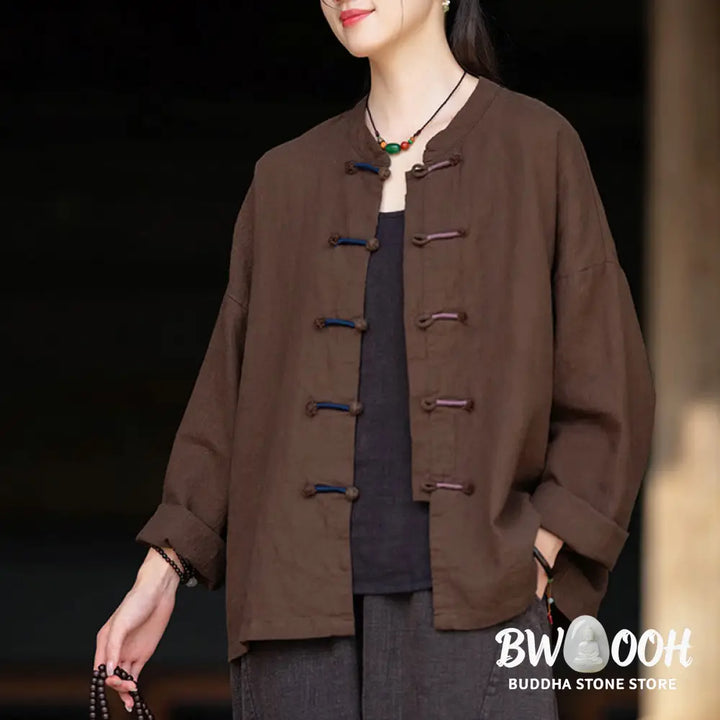 Buddha Stones Solid Color Two-color Frog-button Long Sleeve Ramie Linen Women’s Shirt - Women’s Shirts