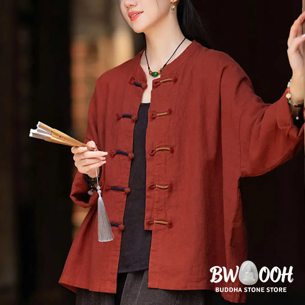 Buddha Stones Solid Color Two-color Frog-button Long Sleeve Ramie Linen Women’s Shirt - Women’s Shirts
