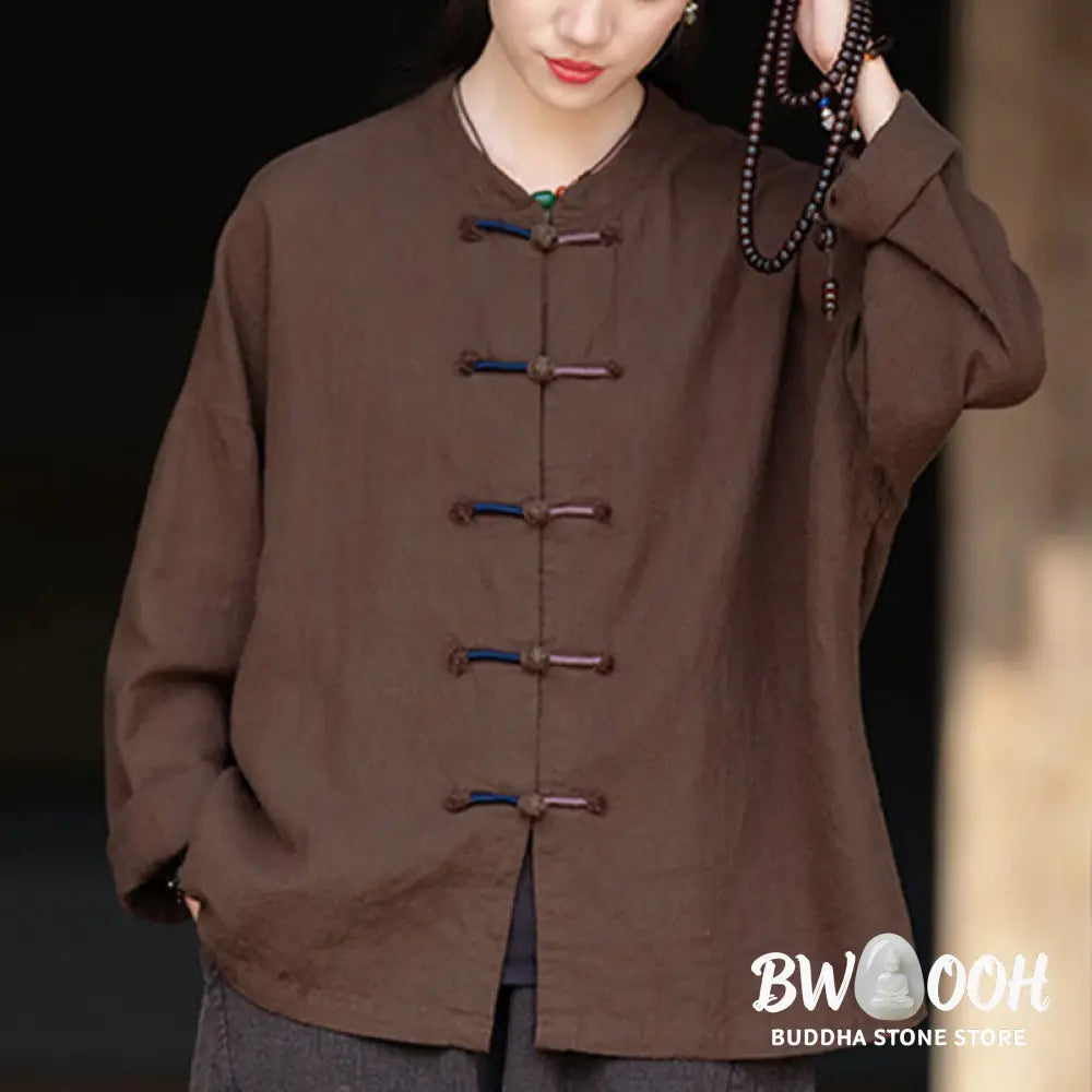 Buddha Stones Solid Color Two-color Frog-button Long Sleeve Ramie Linen Women’s Shirt - Women’s Shirts