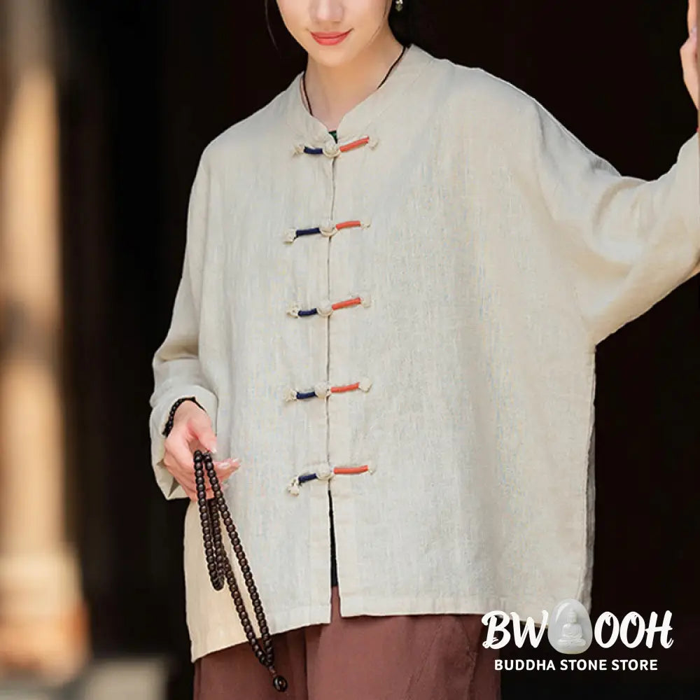 Buddha Stones Solid Color Two-color Frog-button Long Sleeve Ramie Linen Women’s Shirt - Women’s Shirts