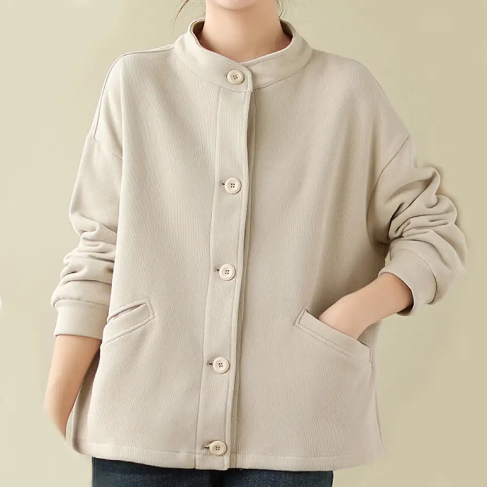 Buddha Stones Solid Color Women’s Long Sleeve Jacket With Pockets - AntiqueWhite / US6，UK/AU10，EU38 (M) - Women’s Jacket