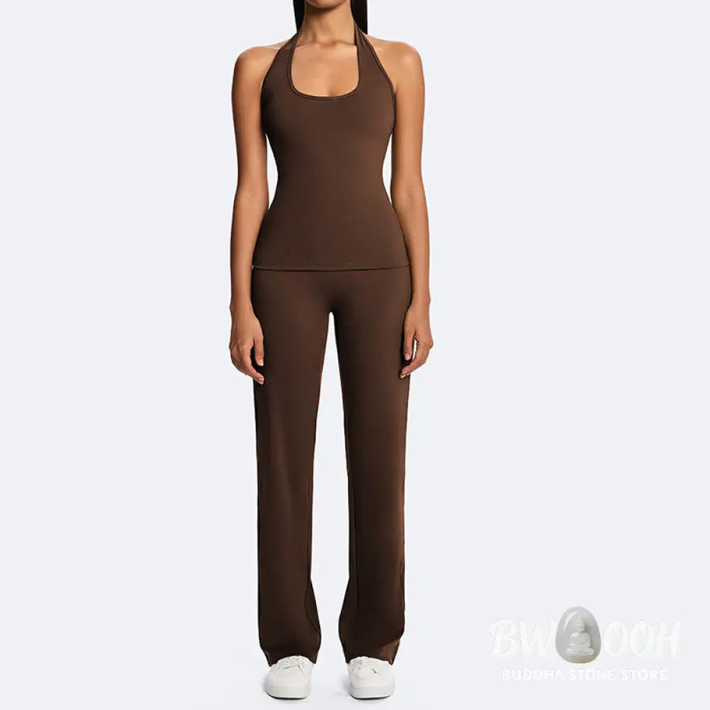 Buddha Stones Solid Crop Halter Backless Sleeveless Top Straight Leg Pants For Sports Fitness Yoga - 2-Piece Outfit