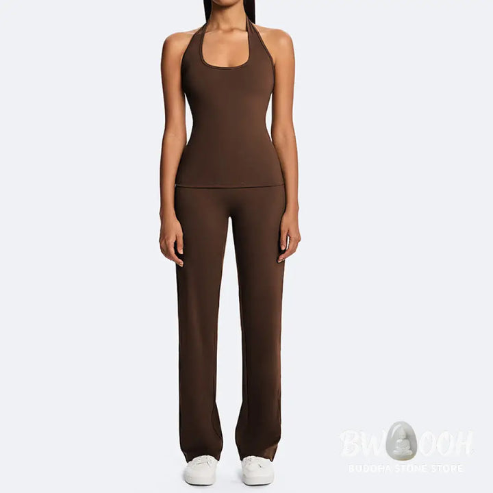 Buddha Stones Solid Crop Halter Backless Sleeveless Top Straight Leg Pants For Sports Fitness Yoga - 2-Piece Outfit