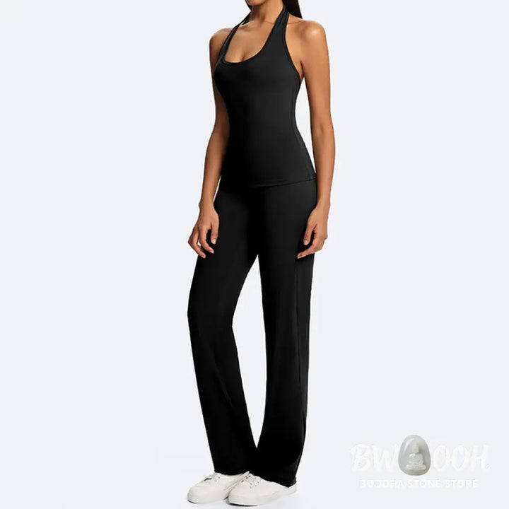 Buddha Stones Solid Crop Halter Backless Sleeveless Top Straight Leg Pants For Sports Fitness Yoga - 2-Piece Outfit