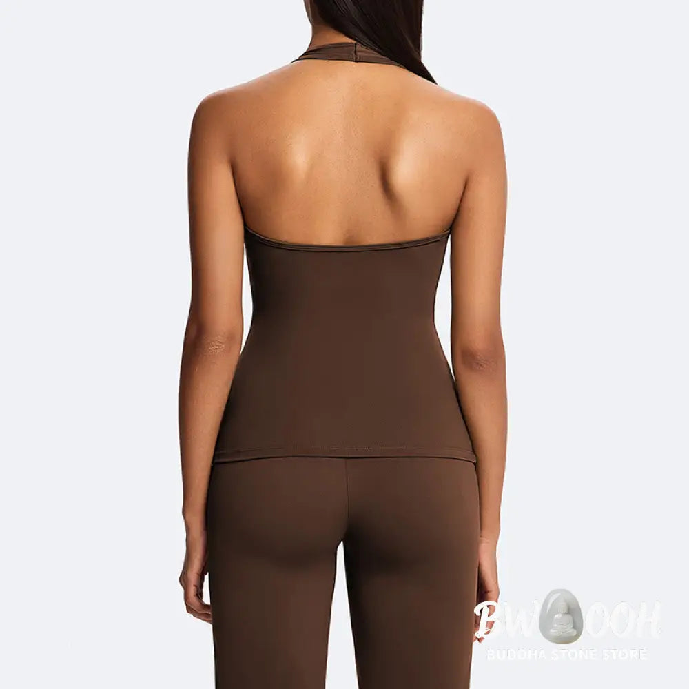 Buddha Stones Solid Crop Halter Backless Sleeveless Top Straight Leg Pants For Sports Fitness Yoga - 2-Piece Outfit
