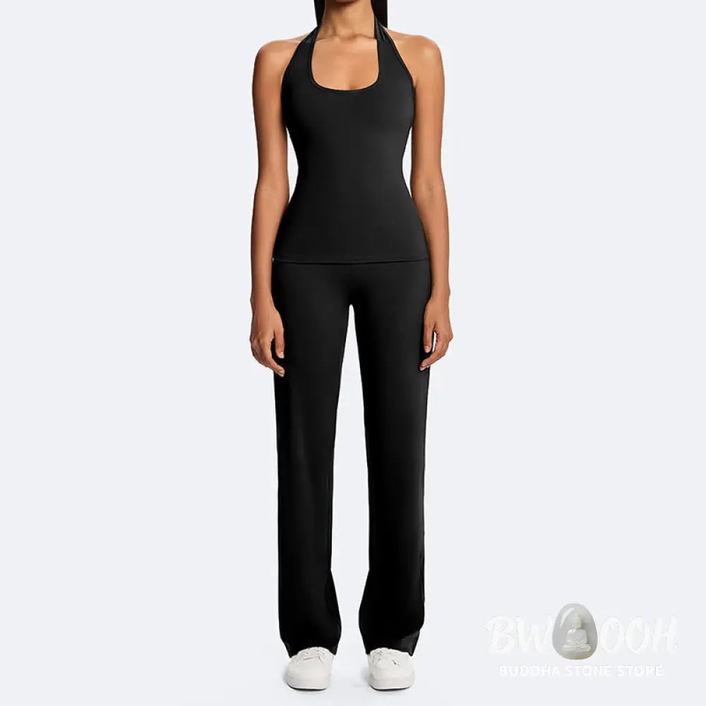 Buddha Stones Solid Crop Halter Backless Sleeveless Top Straight Leg Pants For Sports Fitness Yoga - 2-Piece Outfit