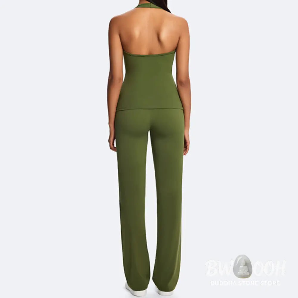 Buddha Stones Solid Crop Halter Backless Sleeveless Top Straight Leg Pants For Sports Fitness Yoga - 2-Piece Outfit