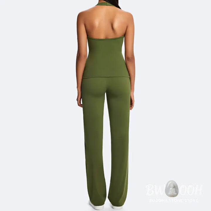 Buddha Stones Solid Crop Halter Backless Sleeveless Top Straight Leg Pants For Sports Fitness Yoga - 2-Piece Outfit