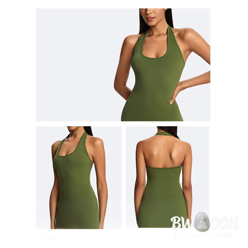 Buddha Stones Solid Crop Halter Backless Sleeveless Top Straight Leg Pants For Sports Fitness Yoga - 2-Piece Outfit