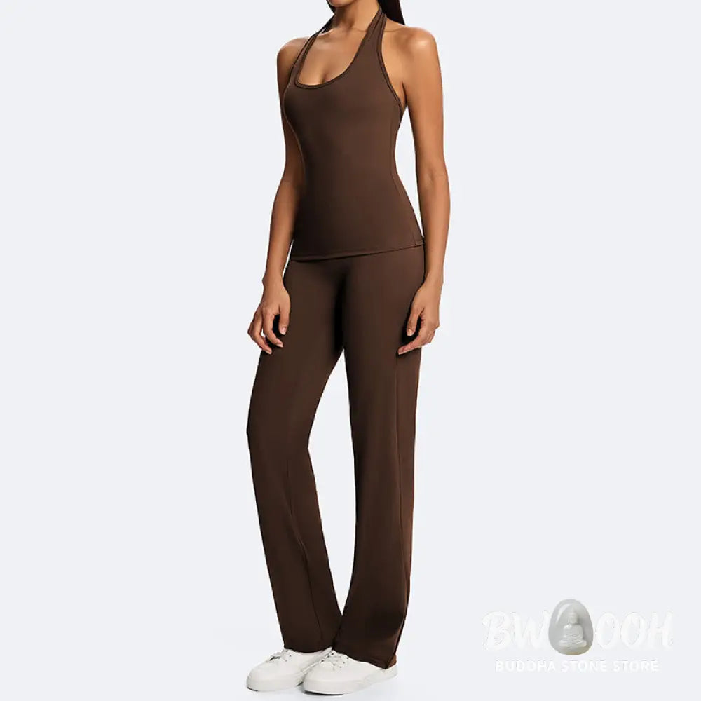 Buddha Stones Solid Crop Halter Backless Sleeveless Top Straight Leg Pants For Sports Fitness Yoga - 2-Piece Outfit