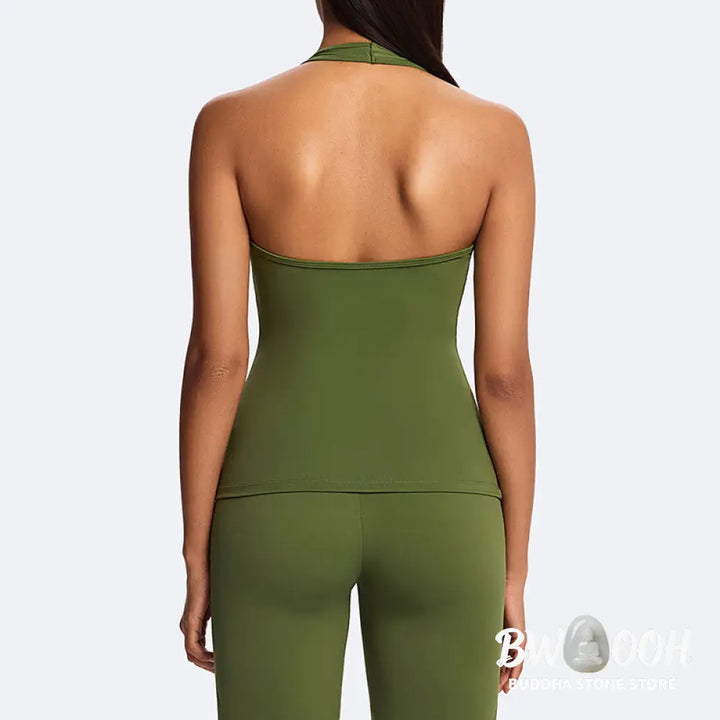 Buddha Stones Solid Crop Halter Backless Sleeveless Top Straight Leg Pants For Sports Fitness Yoga - 2-Piece Outfit