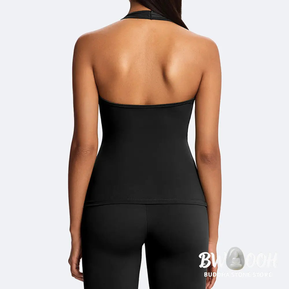 Buddha Stones Solid Crop Halter Backless Sleeveless Top Straight Leg Pants For Sports Fitness Yoga - 2-Piece Outfit