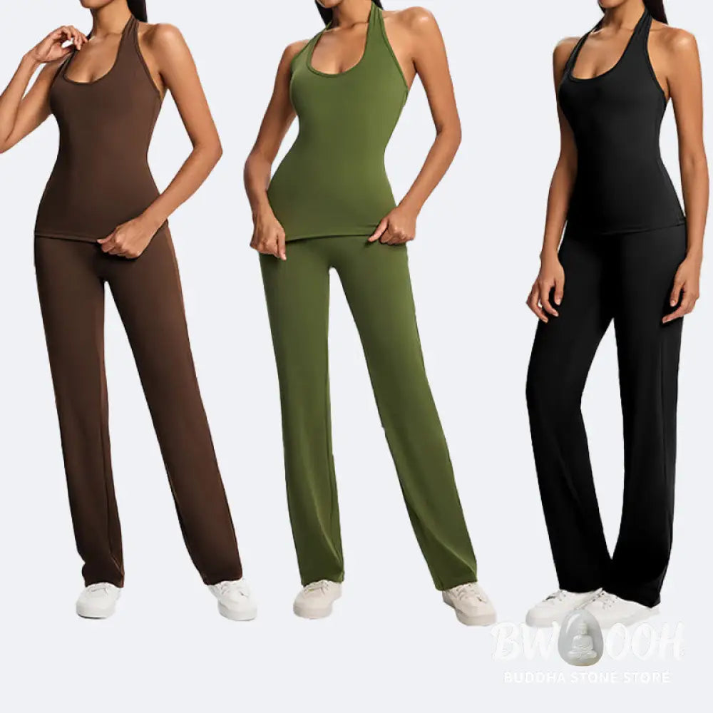 Buddha Stones Solid Crop Halter Backless Sleeveless Top Straight Leg Pants For Sports Fitness Yoga - 2-Piece Outfit
