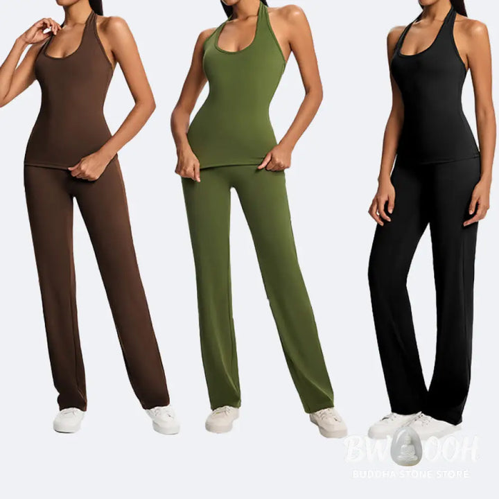 Buddha Stones Solid Crop Halter Backless Sleeveless Top Straight Leg Pants For Sports Fitness Yoga - 2-Piece Outfit