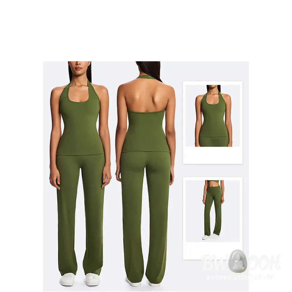 Buddha Stones Solid Crop Halter Backless Sleeveless Top Straight Leg Pants For Sports Fitness Yoga - 2-Piece Outfit