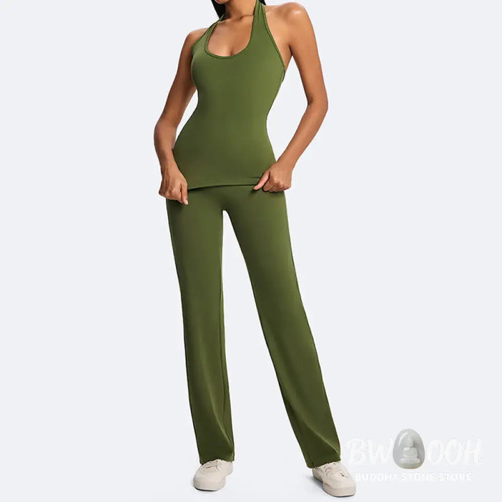 Buddha Stones Solid Crop Halter Backless Sleeveless Top Straight Leg Pants For Sports Fitness Yoga - 2-Piece Outfit