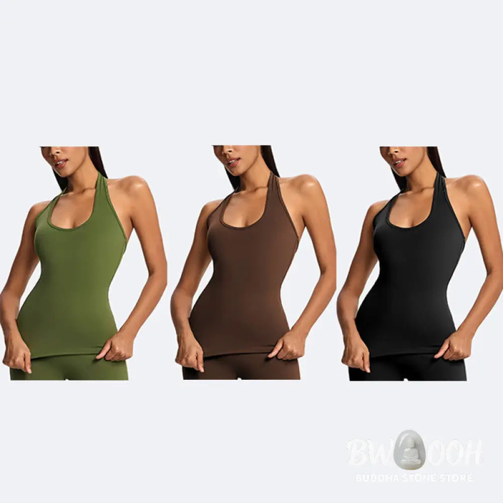 Buddha Stones Solid Crop Halter Backless Sleeveless Top Straight Leg Pants For Sports Fitness Yoga - 2-Piece Outfit