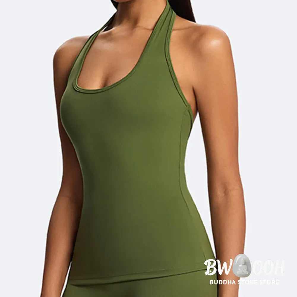 Buddha Stones Solid Crop Halter Backless Sleeveless Top Straight Leg Pants For Sports Fitness Yoga - 2-Piece Outfit