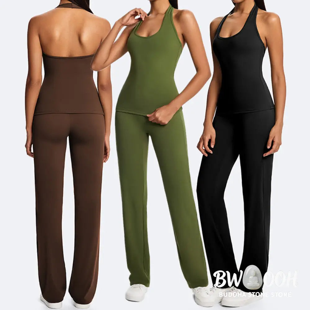 Buddha Stones Solid Crop Halter Backless Sleeveless Top Straight Leg Pants For Sports Fitness Yoga - 2-Piece Outfit