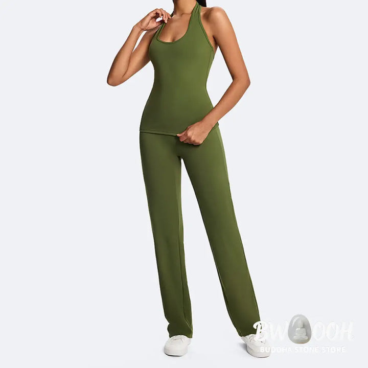 Buddha Stones Solid Crop Halter Backless Sleeveless Top Straight Leg Pants For Sports Fitness Yoga - 2-Piece Outfit