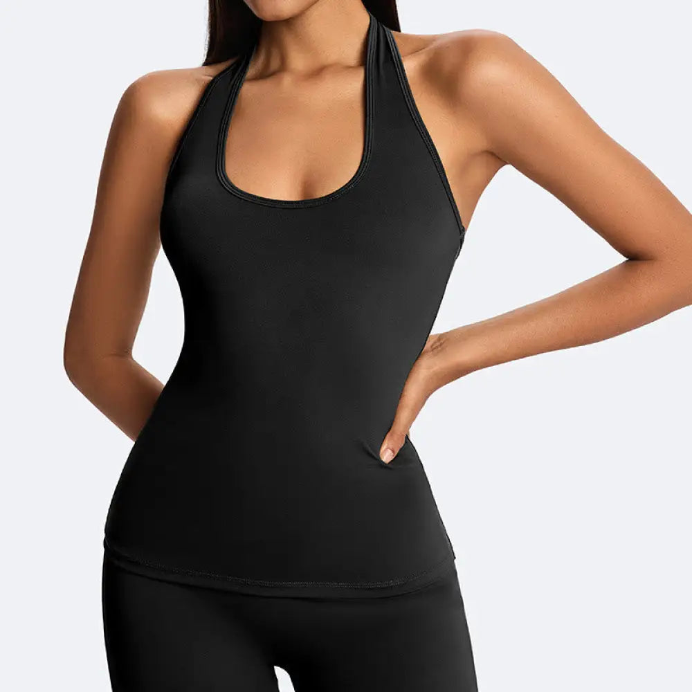 Buddha Stones Solid Crop Halter Backless Sleeveless Top Straight Leg Pants For Sports Fitness Yoga - Black(Top Only)