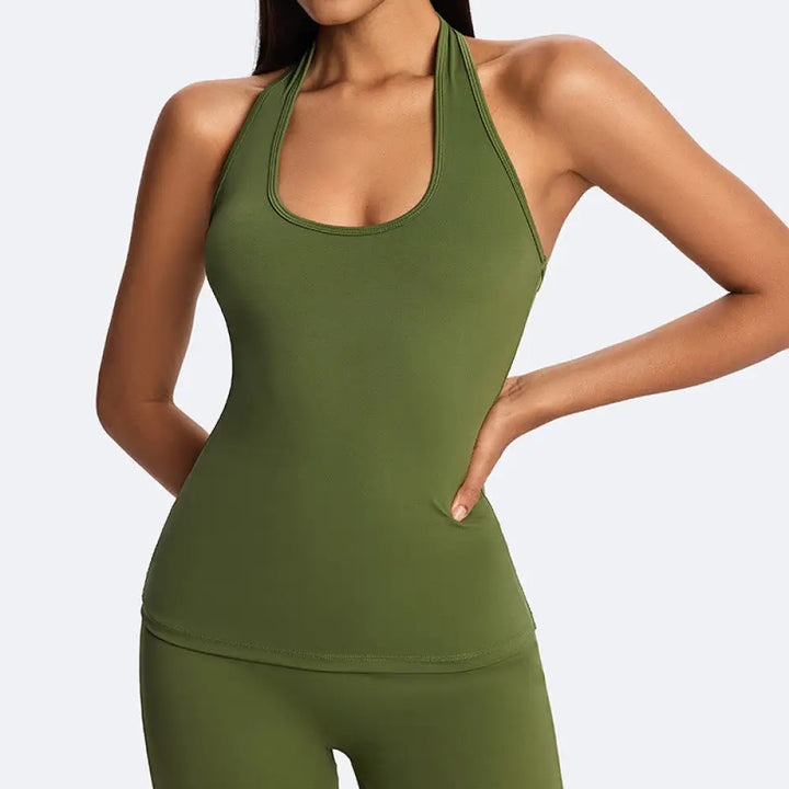 Buddha Stones Solid Crop Halter Backless Sleeveless Top Straight Leg Pants For Sports Fitness Yoga - OliveDrab(Top