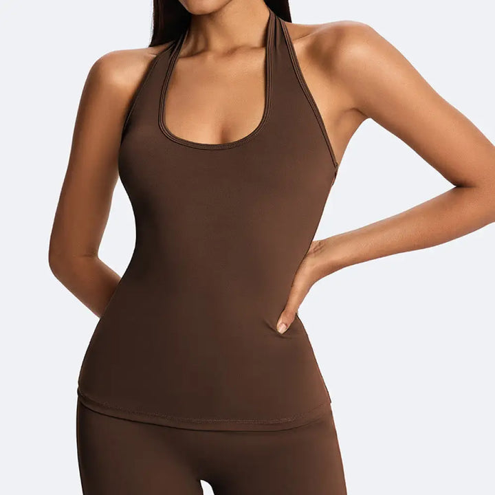 Buddha Stones Solid Crop Halter Backless Sleeveless Top Straight Leg Pants For Sports Fitness Yoga - SaddleBrown(Top
