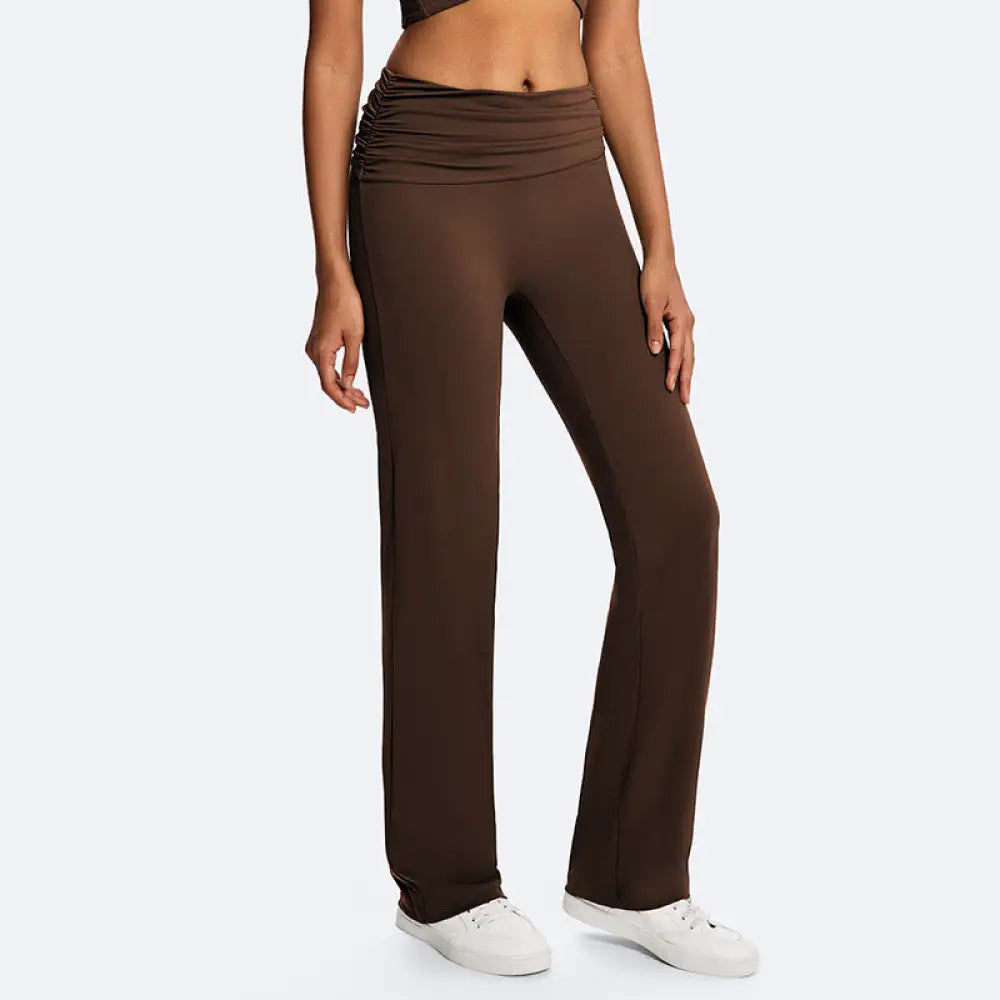 Buddha Stones Solid Crop Halter Backless Sleeveless Top Straight Leg Pants For Sports Fitness Yoga - SaddleBrown(Pants