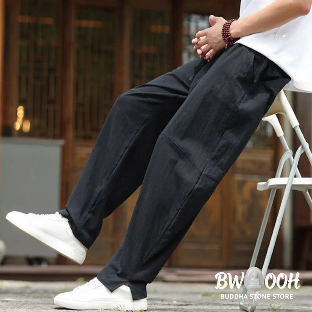 Buddha Stones Solid Drawstring Men’s Elastic Waistband Cotton Linen Pants With Pockets - Men’s Pants