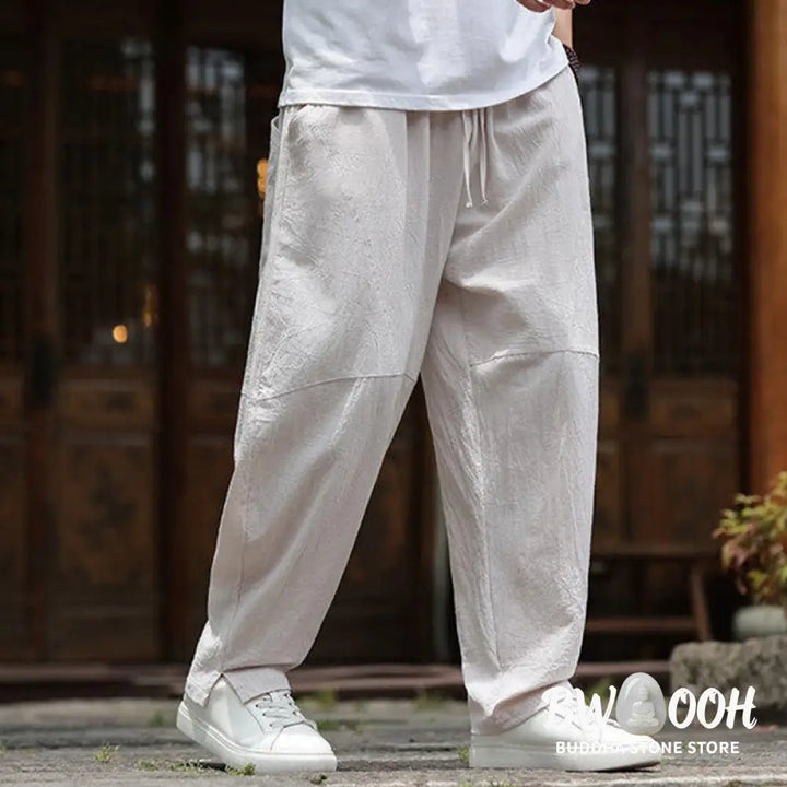 Buddha Stones Solid Drawstring Men’s Elastic Waistband Cotton Linen Pants With Pockets - Men’s Pants