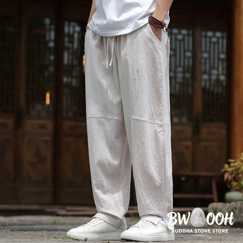 Buddha Stones Solid Drawstring Men’s Elastic Waistband Cotton Linen Pants With Pockets - Men’s Pants