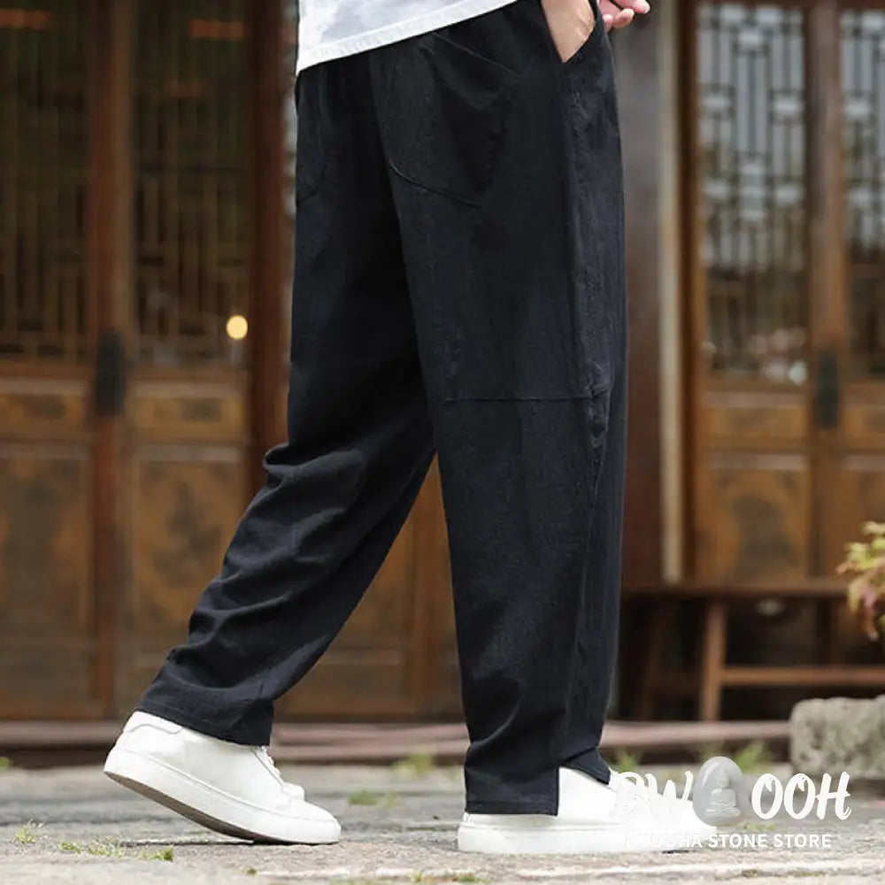Buddha Stones Solid Drawstring Men’s Elastic Waistband Cotton Linen Pants With Pockets - Men’s Pants