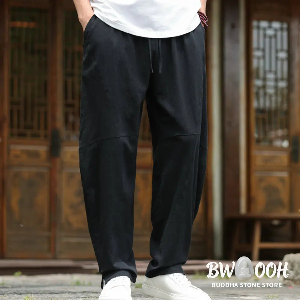Buddha Stones Solid Drawstring Men’s Elastic Waistband Cotton Linen Pants With Pockets - Men’s Pants