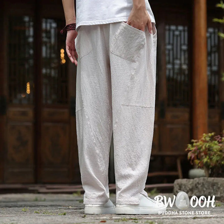 Buddha Stones Solid Drawstring Men’s Elastic Waistband Cotton Linen Pants With Pockets - Men’s Pants