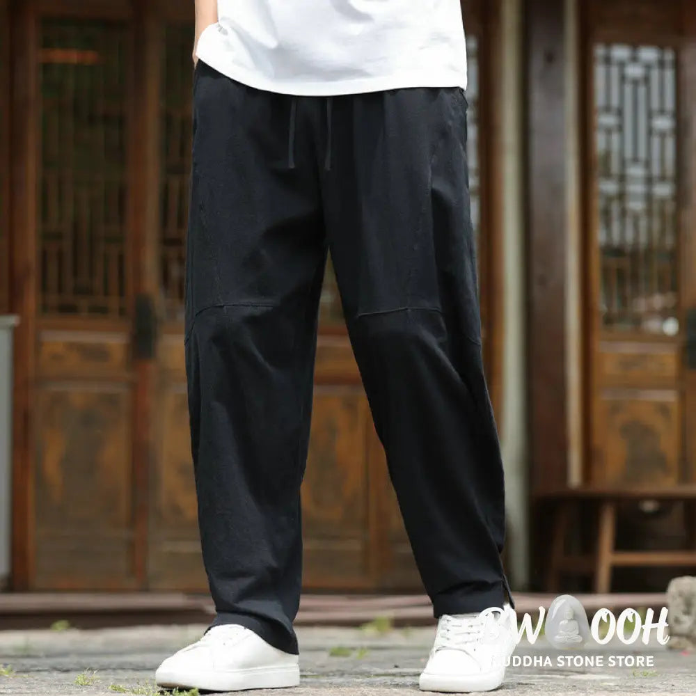 Buddha Stones Solid Drawstring Men’s Elastic Waistband Cotton Linen Pants With Pockets - Men’s Pants
