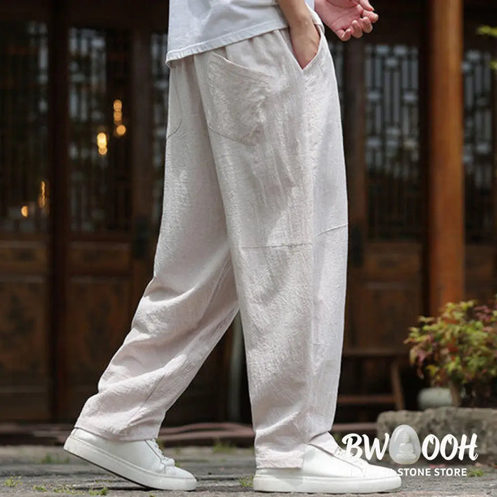 Buddha Stones Solid Drawstring Men’s Elastic Waistband Cotton Linen Pants With Pockets - Men’s Pants