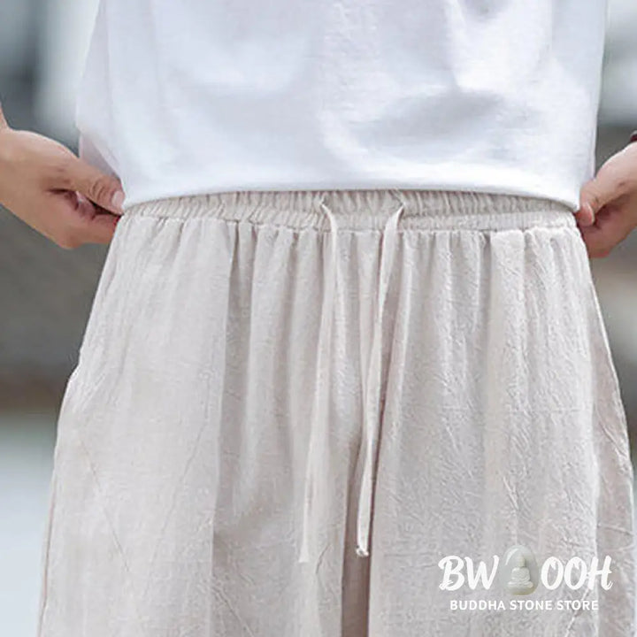 Buddha Stones Solid Drawstring Men’s Elastic Waistband Cotton Linen Pants With Pockets - Men’s Pants