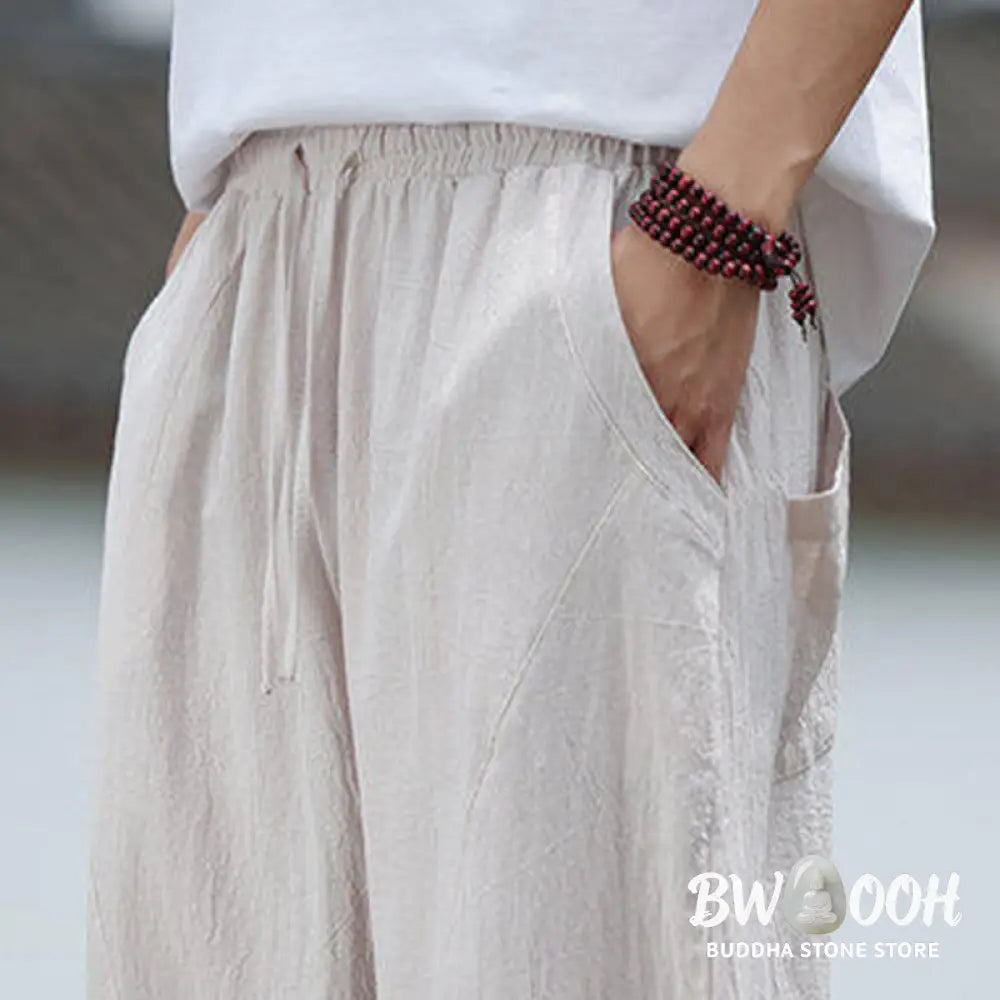 Buddha Stones Solid Drawstring Men’s Elastic Waistband Cotton Linen Pants With Pockets - Men’s Pants